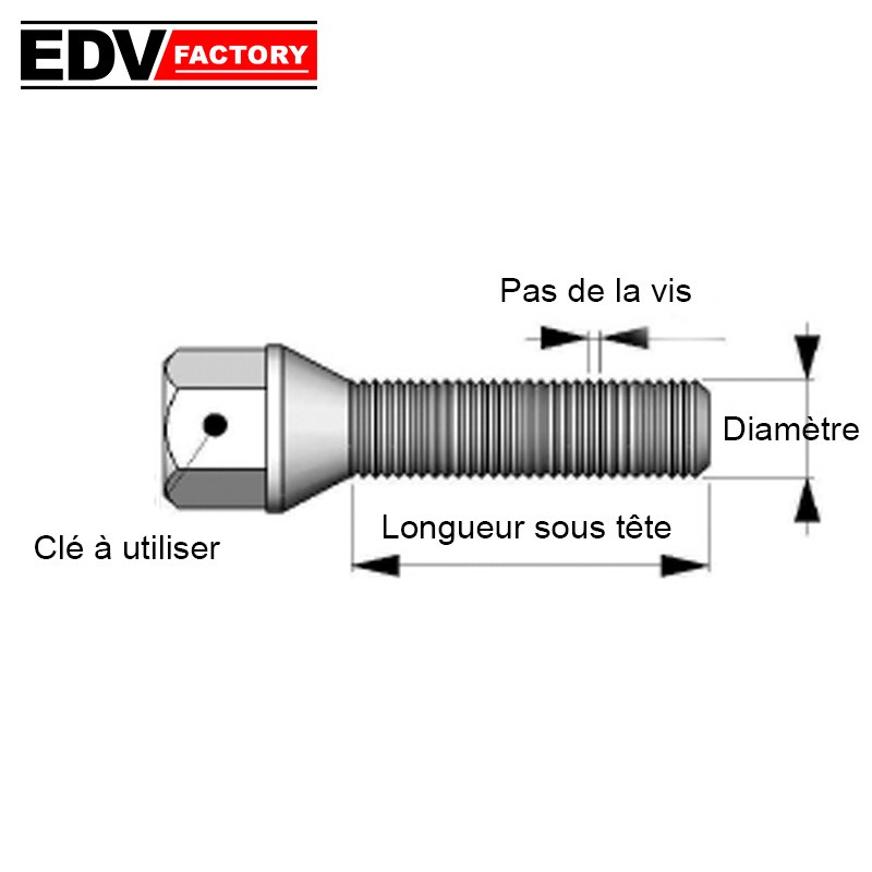 BOULON ET VIS DE ROUE à ASSISE SPHERIQUE, Filetage: M14x150, Longueur SOUS  tête: 38mm. En stock chez