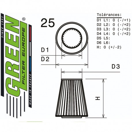 Filtre à air universel Conique Standard Hauteur 140mm Chapeau INOX & VIS